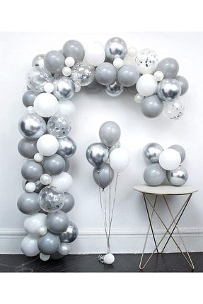 Gri Beyaz Şeffaf Gümüş Konfetili Krom Balon Seti Balon Zinciri Hediyeli-parti Nişan Dügün Balon BALONSETİHKNYS50