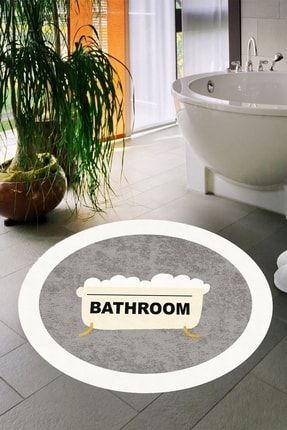 Dijital Baskılı Yıkanabilir Bathroom Yazılı Banyo Paspası 80x80 Yuvarlak GR8026-YUV
