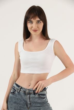 Kadın Beyaz Kalın Askılı Fitilli Crop Bluz TD-KCT000001