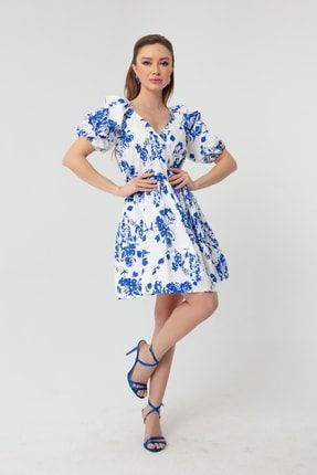 Kadın Mavi Desenli Kruvaze Elbise 22Y012124