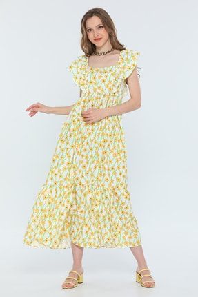 Sarı Kadın Kare Yaka Kol Fırfırlı Desenli Uzun Salaş Elbise P-039813