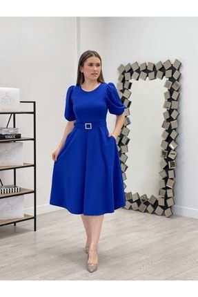 Krep Kumaş Kemer Detaylı Elbise - Saks Mavi GYM-0897