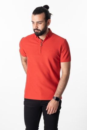Erkek Kırmızı Fermuar Detaylı Polo Yaka T-shirt CNL05152Y244