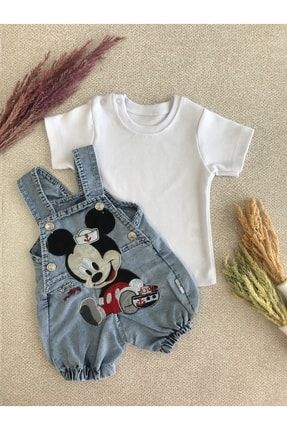 Kız Bebek Kot Salopet Beyaz T-shirt 2'li Takım Mickey Mouse Temalı 310