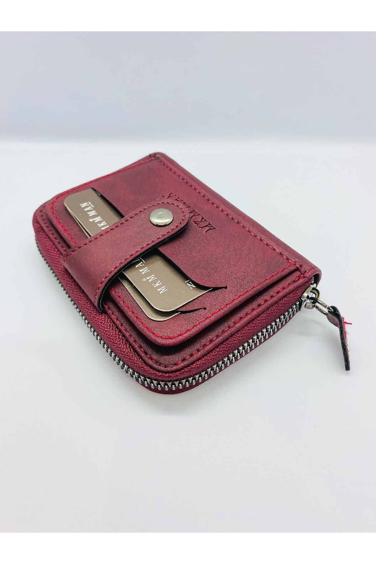 MKM-Nubuck Leather Zippered Unisex Claret Red Card Holder Wallet 1