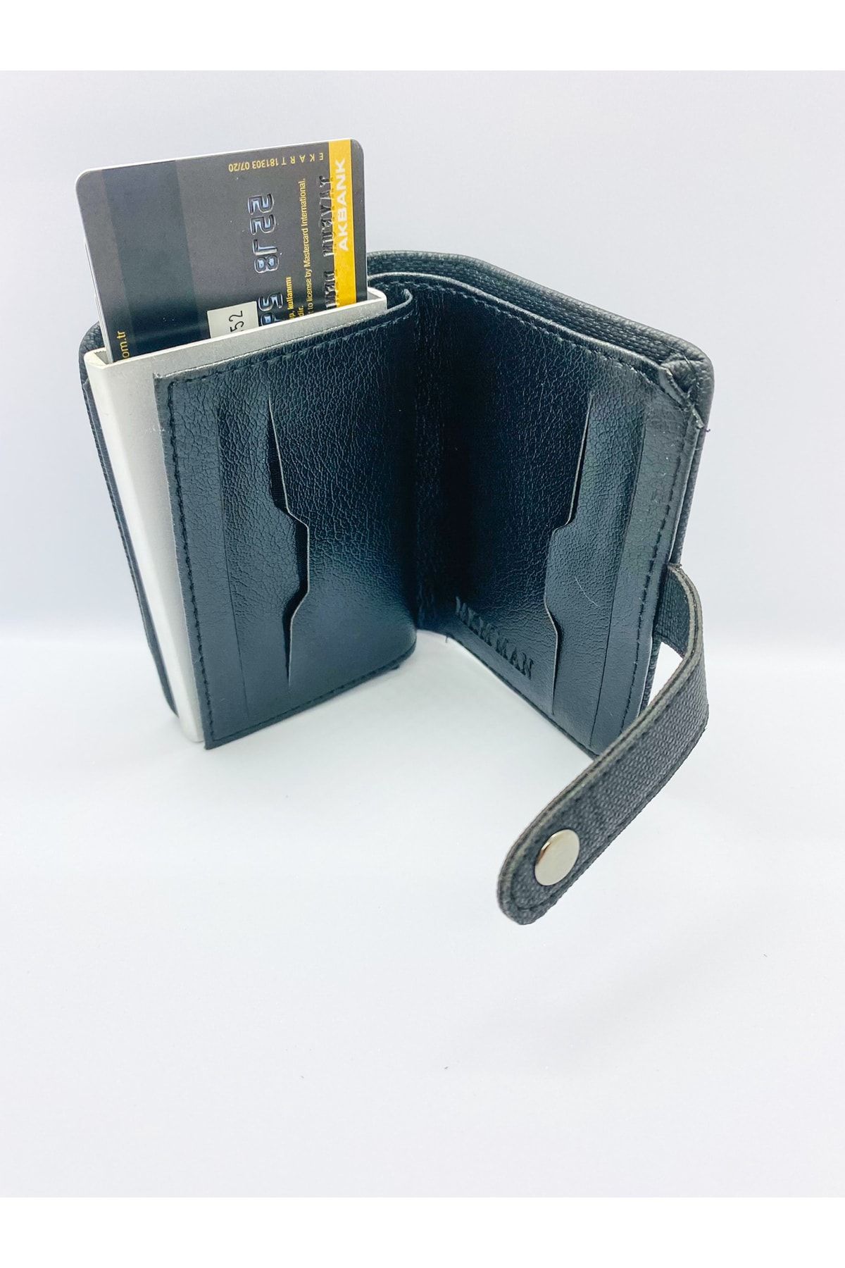 MKM-Plaid Patterned Black Men's Card Holder Wallet with Automatic Mechanism 3