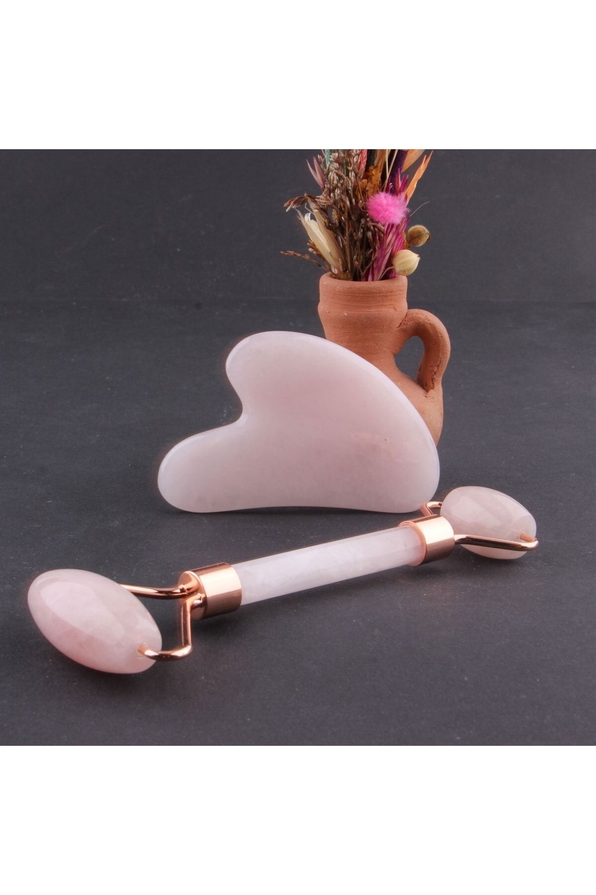 ست ماساژ غلتکی سنگ طبیعی کوارتز صورتی و Heart Gua Sha OSMANLI DOĞAL TAŞ