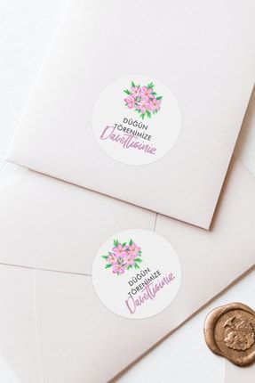 Pembe Çiçekli Düğün Törenimize Davetlisiniz Yazılı Davetiye Zarf Etiketi Sticker e100