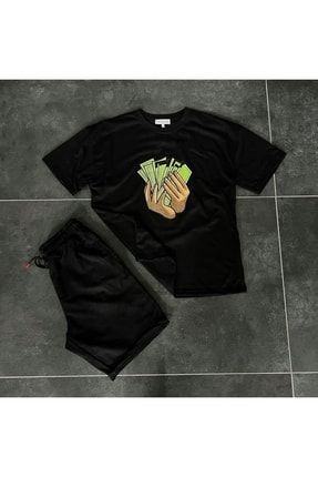 Unisex Money Baskılı Siyah T-shirt Ve Siyah Şort Sporcu Kombin mdl-tkmspr-05