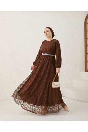Yaprak Desenli İçi Boydan Astarlı Tül Elbise-kahverengi 7250