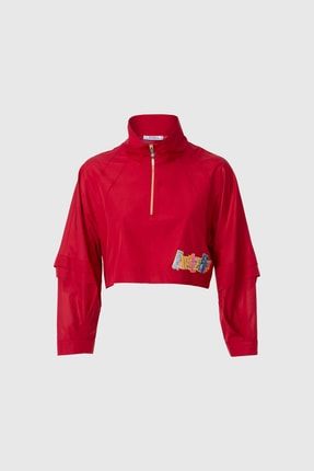 Yağmurluk Nakış Aplike Detaylı Crop Kırmızı Swetshirt M2YM4F0481AI5
