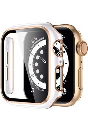 Apple Watch 7 38 Mm Uyumlu Parlak Gold Kenarlı Ekran Ve Kasa 360 Derece Koruyucu Cam Gard 06-04