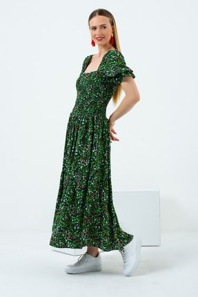 Yeşil Çıtır Desen Gipeli Kare Yaka Prenses Kol Elbise TT5-MD221922