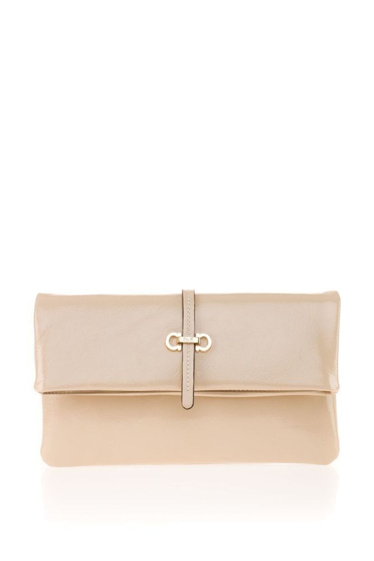 Beige patent store clutch bag