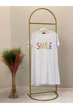 Kadın Oversize Pamuklu Renkli Smile Yazı Baskılı T-shirt 66 SMİLE