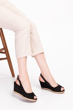 Kadın Siyah Hasır Taban Dolgu Topuklu Ayakkabı cn0044