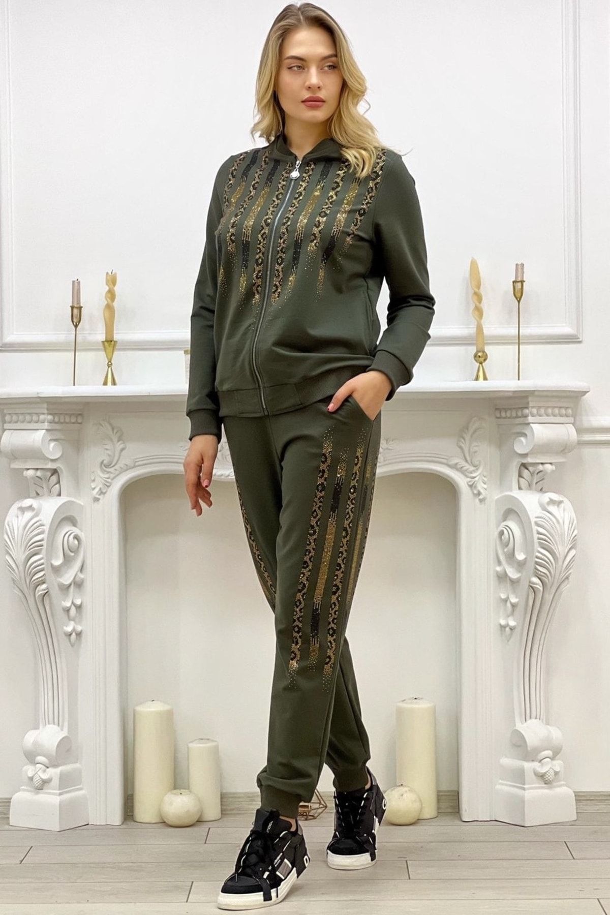 RICH GLAM-Plus Size Khaki Leopard Stones Cotton Tracksuit Set - Two Thread 3
