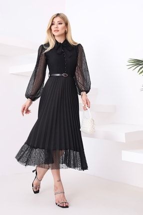 Pilise Detay Kemerli Tasarım Uzun Kollu Siyah Dantel Abiye Elbise 57834 BS-EMR-024