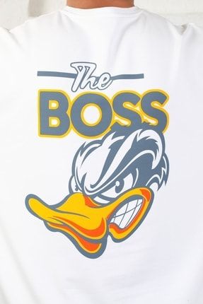Unısex Super Oversize The Boss Duck Sırt Baskılı Beyaz Yuvarlak Yaka T-shirt USOT-0004