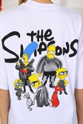 Unısex Super Oversize The Simpsons Sırt Baskılı Beyaz Yuvarlak Yaka T-shirt USOT-0002