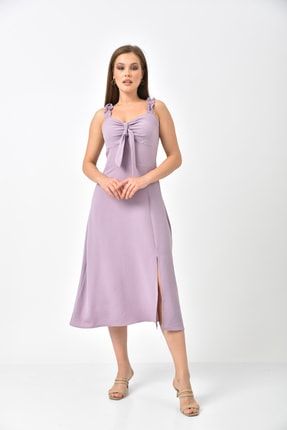 Lila Askı Büzgülü Sırt Detay Yırtmaçlı Elbise MM22EL0239