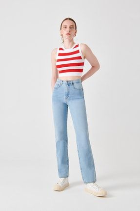 Sarah Slim Straight Fit Yüksek Bel Düz Paça Açık Indigo Kadın Jean Pantolon DTK333