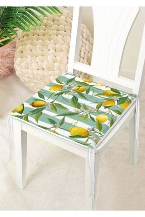 Yeşil Çizgili Limon Desenli Dijital Baskılı Dekoratif Fermuarlı Sandalye Minderi Fermuarli-3104