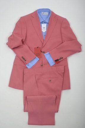 Slim Fit Düz Desenli Pembe Takım Elbise Düz Gömlek (3lü Kombin) MSTKM-188