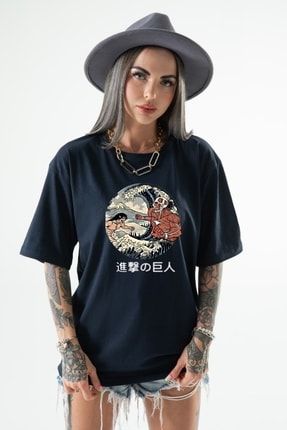 Kadın Lacivert Oversize Anime Attack T-shirt Anime1-21