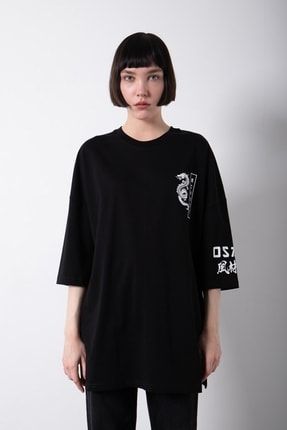 Kadın Super Oversize Born Again Baskılı Pamuklu T-shirt Siyah WM1640