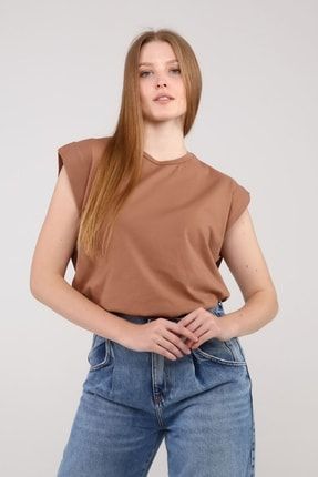Kahverengi Kolsuz Basic Örme T-shirt 0110
