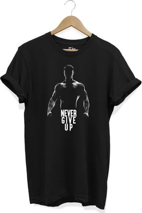 Siyah Unisex Sporcu - Gym- Never Give Up Baskılı Kısa Kollu T-shirt TB0ST077