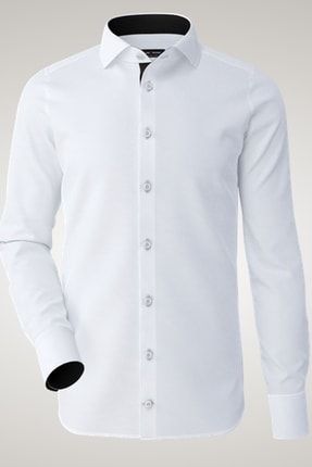 Erkek Siyah Detaylı Beyaz Slim Fit Gömlek GM26204