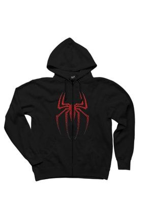 Erkek Siyah Spiderman Suit Fermuarlı Kapşonlu Sweatshirt ZK3035