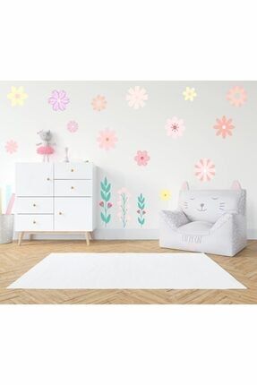 Sevimli Soft, Pastel Çiçekler Çocuk Bebek Odası Duvar Cam Sticker Seti-16 Parça k336