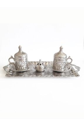 Ikili Tepsili Osmanli Hediyelik Kahve Fincan Takımı - Eskitme Gold - Gümüş Kahve Fincan Seti VKCC1002