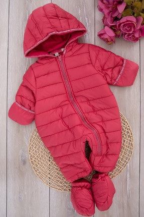 Bebek Kırmızı Kışlık Ayaklı Kapüşonlu Kozmonot Tulum PDY205