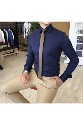 Italyan Stil Slim Fit Armürlü Kravat Yaka Gömlek Lacivert T4768