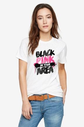 Black Pink In Your Area Baskılı Beyaz Kadın Tshirt BGA1204KDNTS