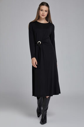 gusto gomlek yakali uzun kollu beli lastikli alti buzgulu viskon elbise siyah fiyati yorumlari trendyol