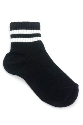 Beyaz Çizgili Pamuklu Kısa Çocuk Çorabı Siyah HANE14-1398