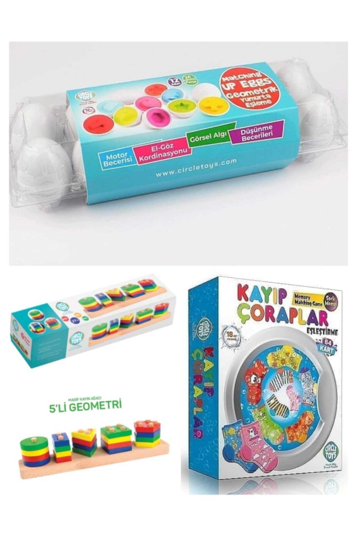 Circle Toys 3 Lü Eğitici Set (ahşap 5 Li Bultak-12li Yumurta Eşleştirme-kayıp Çoraplar)