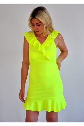 Esnek Krep Kumaş Yakası Volan Detaylı Neon Sarı Abiye Elbise Mezuniyet Elbisesi 28449B