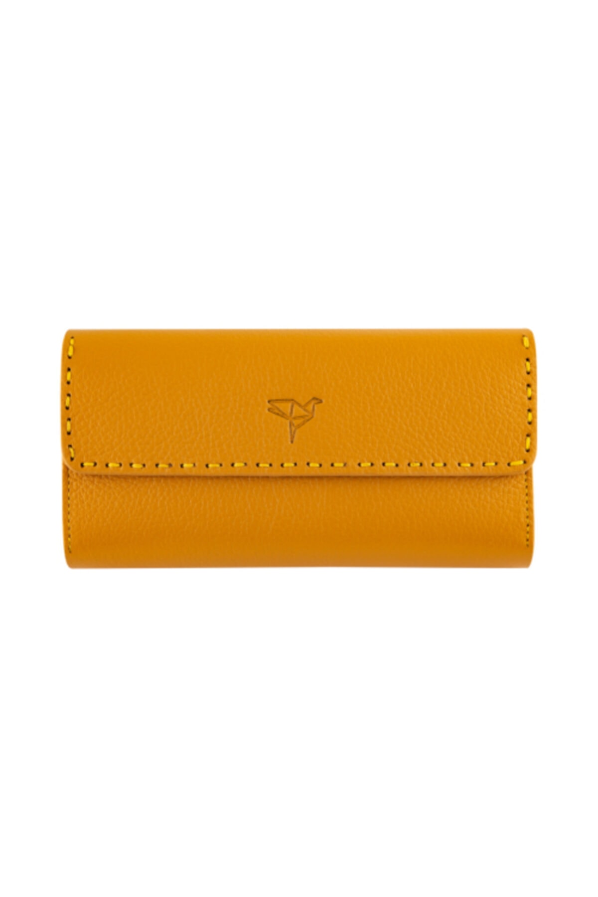 Genuine Leather Saddle Stitched Phone Split Mustard Yellow Women Coin Portfolio