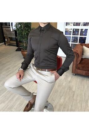 Italyan Kesim Slim Fit Erkek Saten Zincirli Gömlek Kahverengi T4801