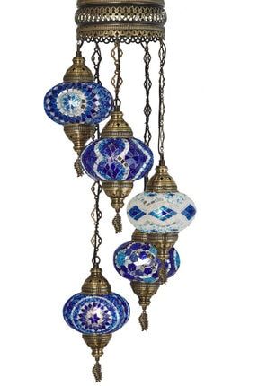 Mozaik Lamba 5'li Osmanlı Otantik Renkli Camlı El Yapımı Boho Sarkıt Avize, 5 Büyük Cam, Mavi Beyaz demmex5lilambaxxx7