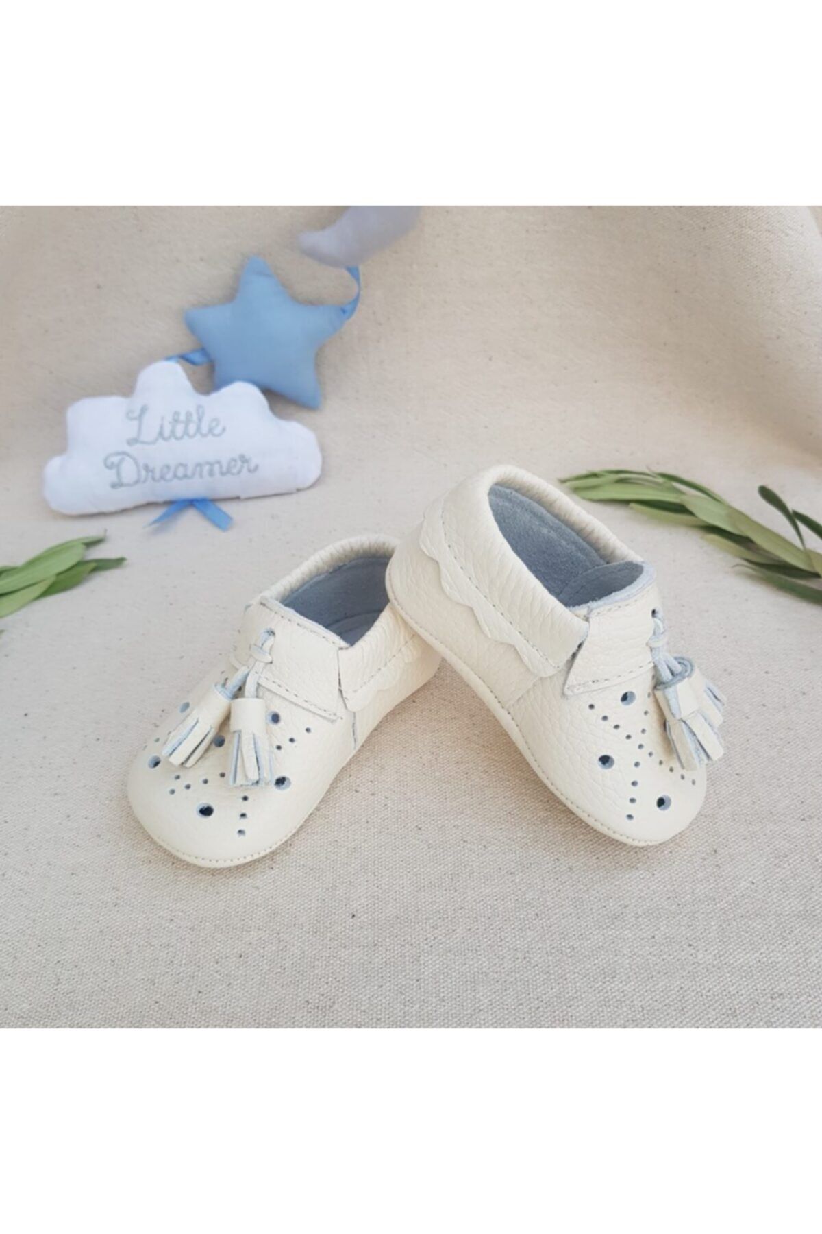 Bee Organic Cotton Bee Desenli Püsküllü Ponpon Krem Hakiki Deri Ayakkabı (Ilk Adım Ayakkabısı)