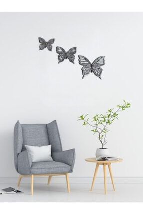 Butterfly Serisi - 3'lü Gümüş Kelebek Seti - Polyester Duvar Süsü SLCT2000