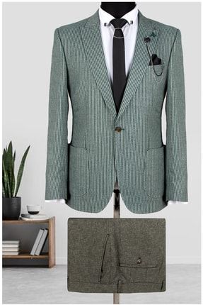 Yeşil Çizgili Örme Desenli 2'li Erkek Takım Elbise 1910953 7507