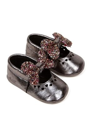 Kız Bebek Deri Gri Fiyonklu Patik Makosen Ayakkabı 226099